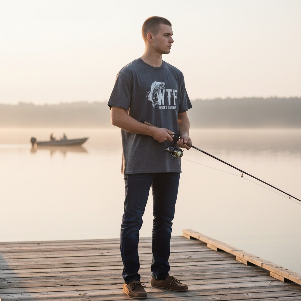 Port & Company T-Shirt Mens 2XL Gray Excellent WTF Wheres The Fish Graphic Tee